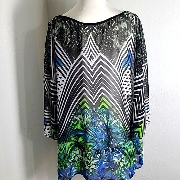 Bisou Bisou Kimono Sleeve Top, Black & White with Green & Blue Floral, Size 2X - Picture 6 of 8